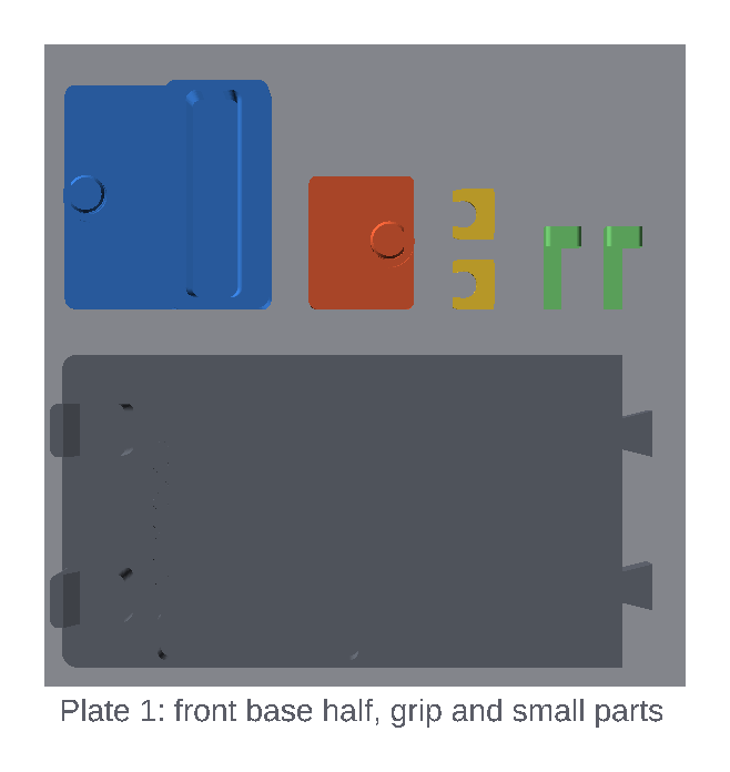 Plate 1: front base half, grip, anchor block, clips and keys